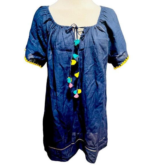 J. Crew Embroidered Linen Blend Cover Up Tunic with Pom Poms, Navy Blue Size M - Picture 2 of 8